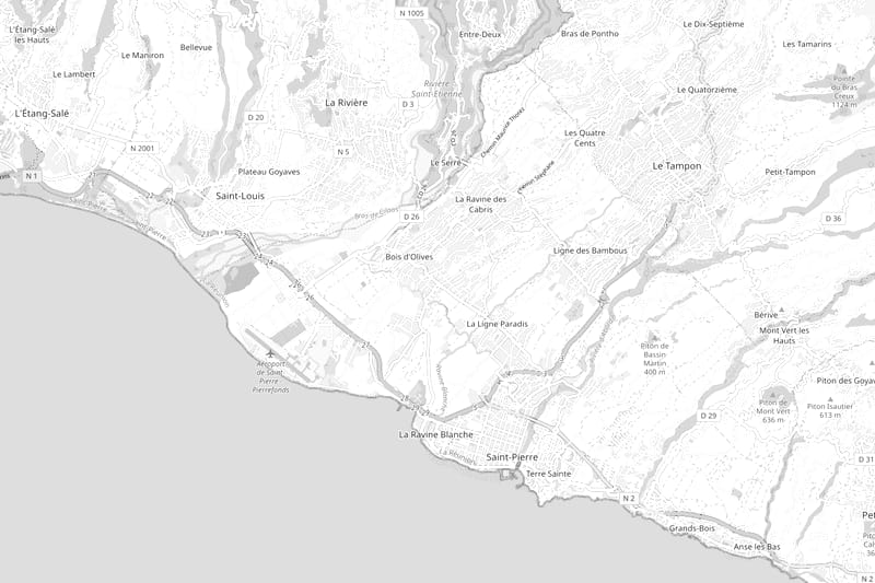 Carte du secteur de l'Entre-Deux situant les Bambous Bungalows, chemin de l'Équerre